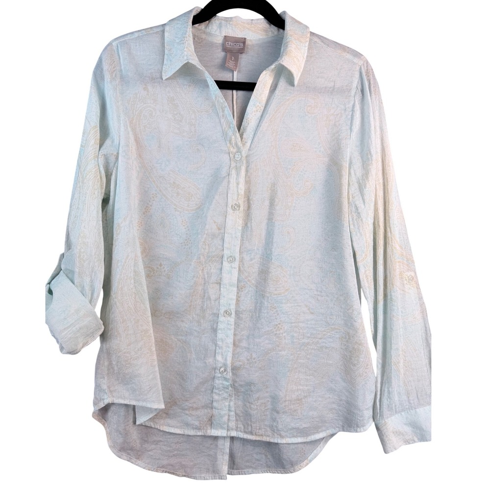 Chico's Size 1 Blue Paisley Button Down Roll Tab Sleeve Shirt Rayon Blend